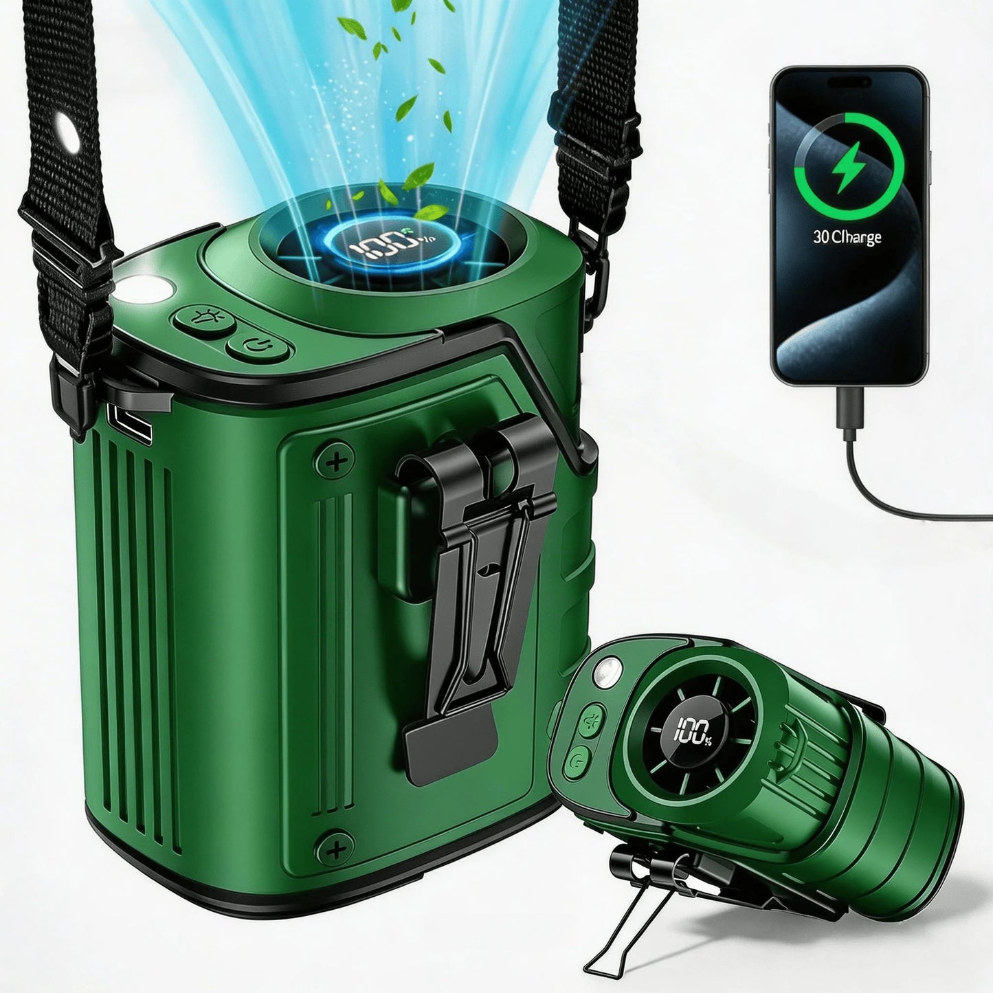 Portable Waist Fan with Power Bank – Hands-Free Rechargeable Clip-On Fan