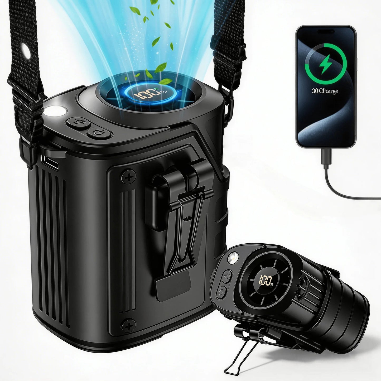 Portable Waist Fan with Power Bank – Hands-Free Rechargeable Clip-On Fan